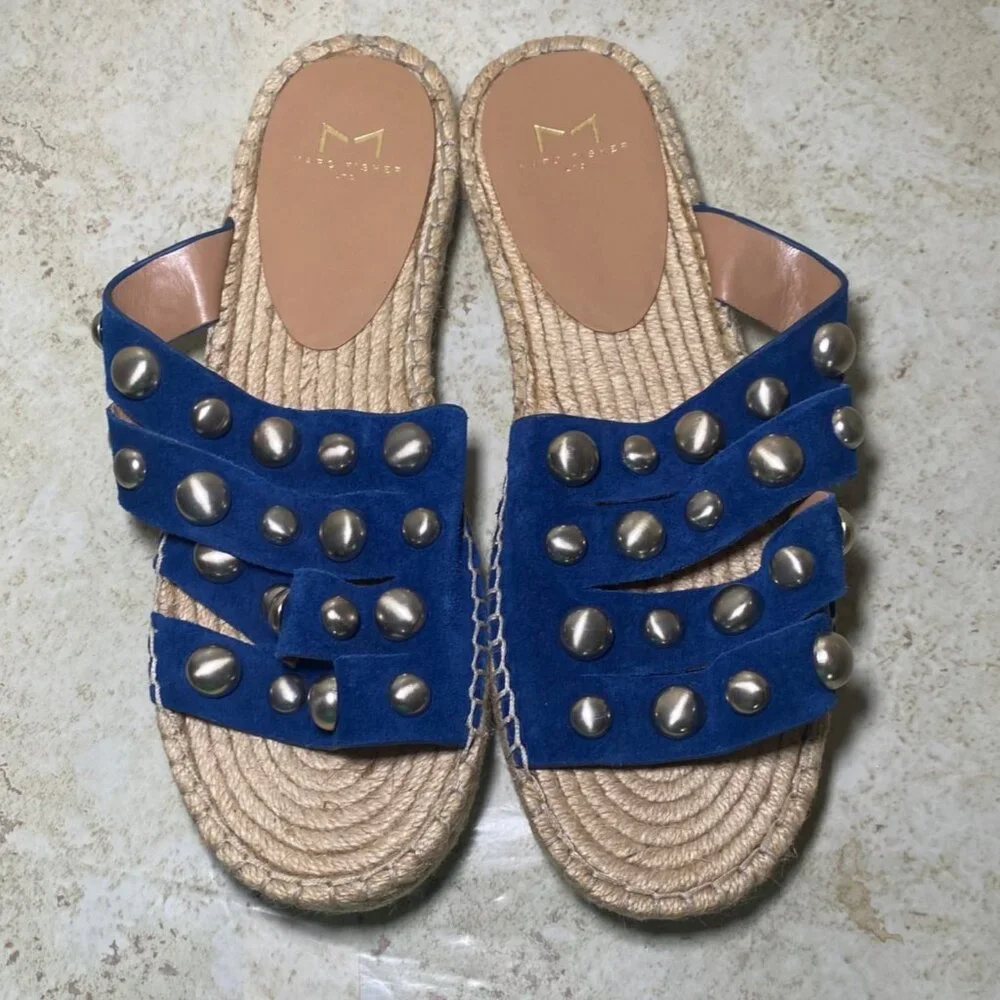Womens Studded Blue Suede Espadrille‎  Sandals Jute Sole White Outsole - Size 9 - Picture 3 of 8